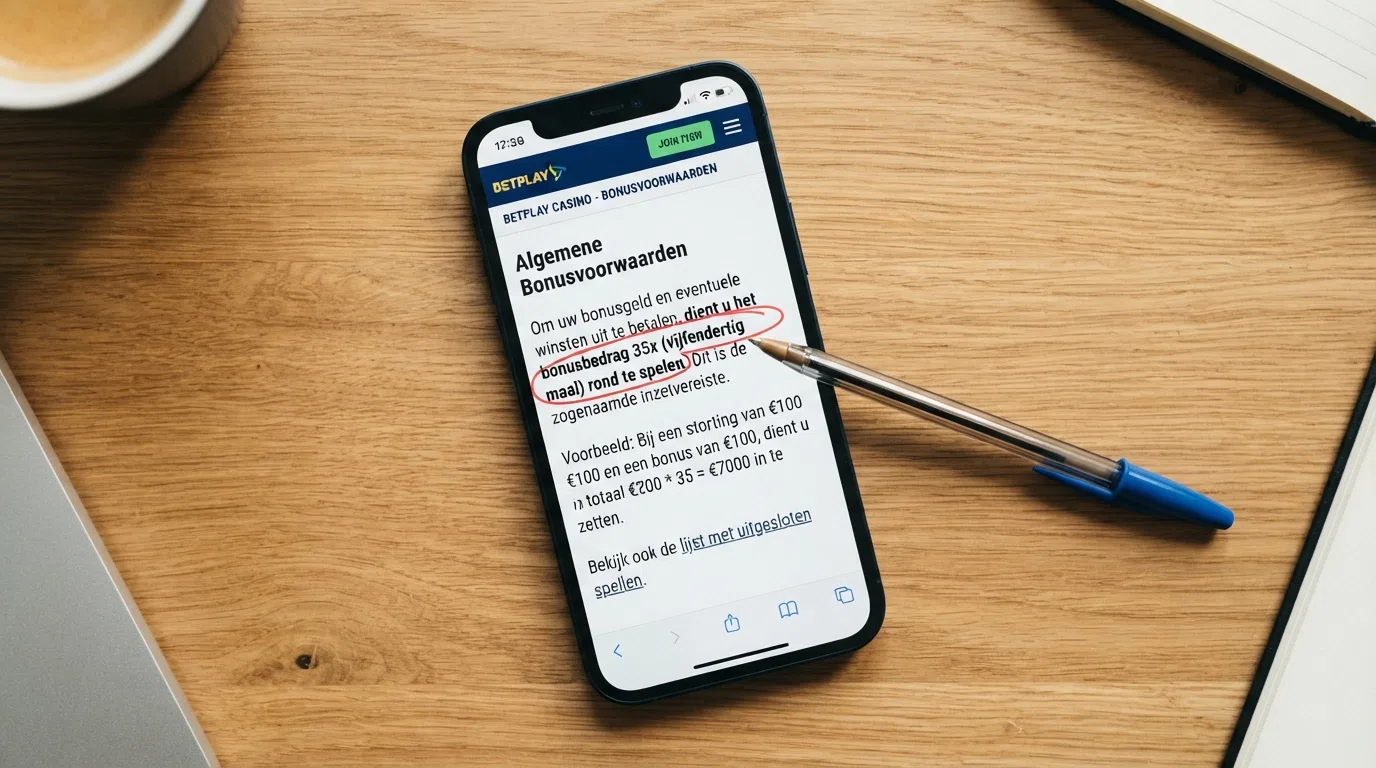 Een close-up van bonusvoorwaarden op een goksitepagina, met een pen die de wagering-vereiste omcirkelt