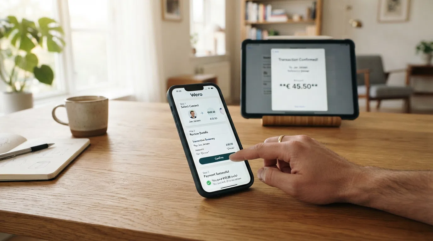 De drie stappen van een Wero-storting: casino-kassa, bank-app en bevestigingsscherm op een telefoon