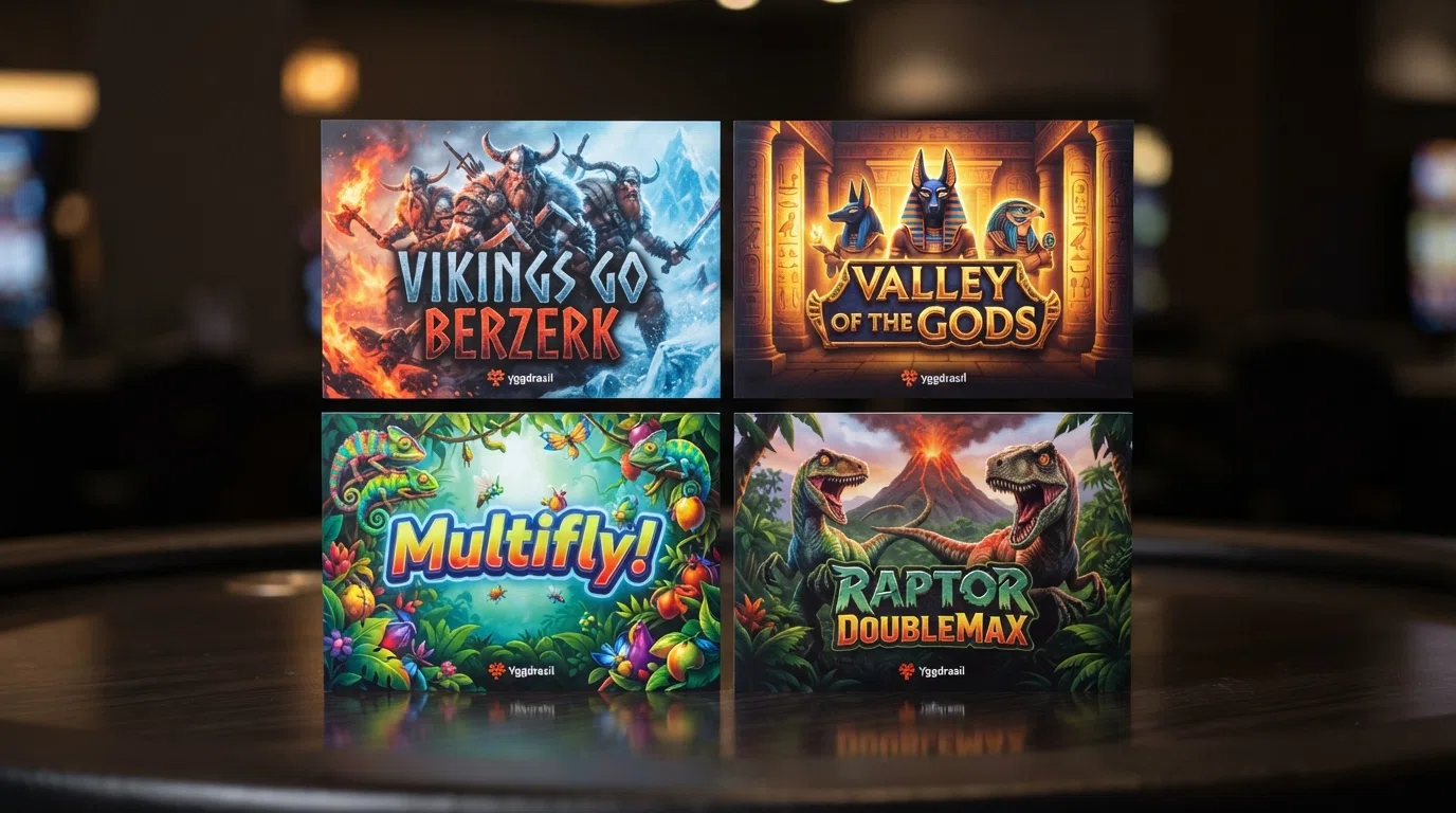 een raster van vier Yggdrasil-slot-covers: Vikings Go Berzerk Valley of the Gods Multifly! en Raptor DoubleMax